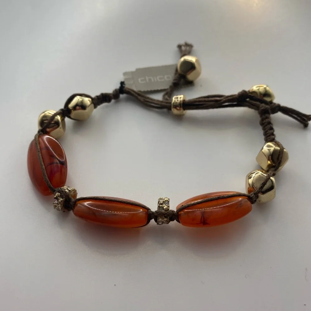Chico's Amber Brown Gold Colored Bohemian Macrame Bracelet NWT Adjusts up to 8”